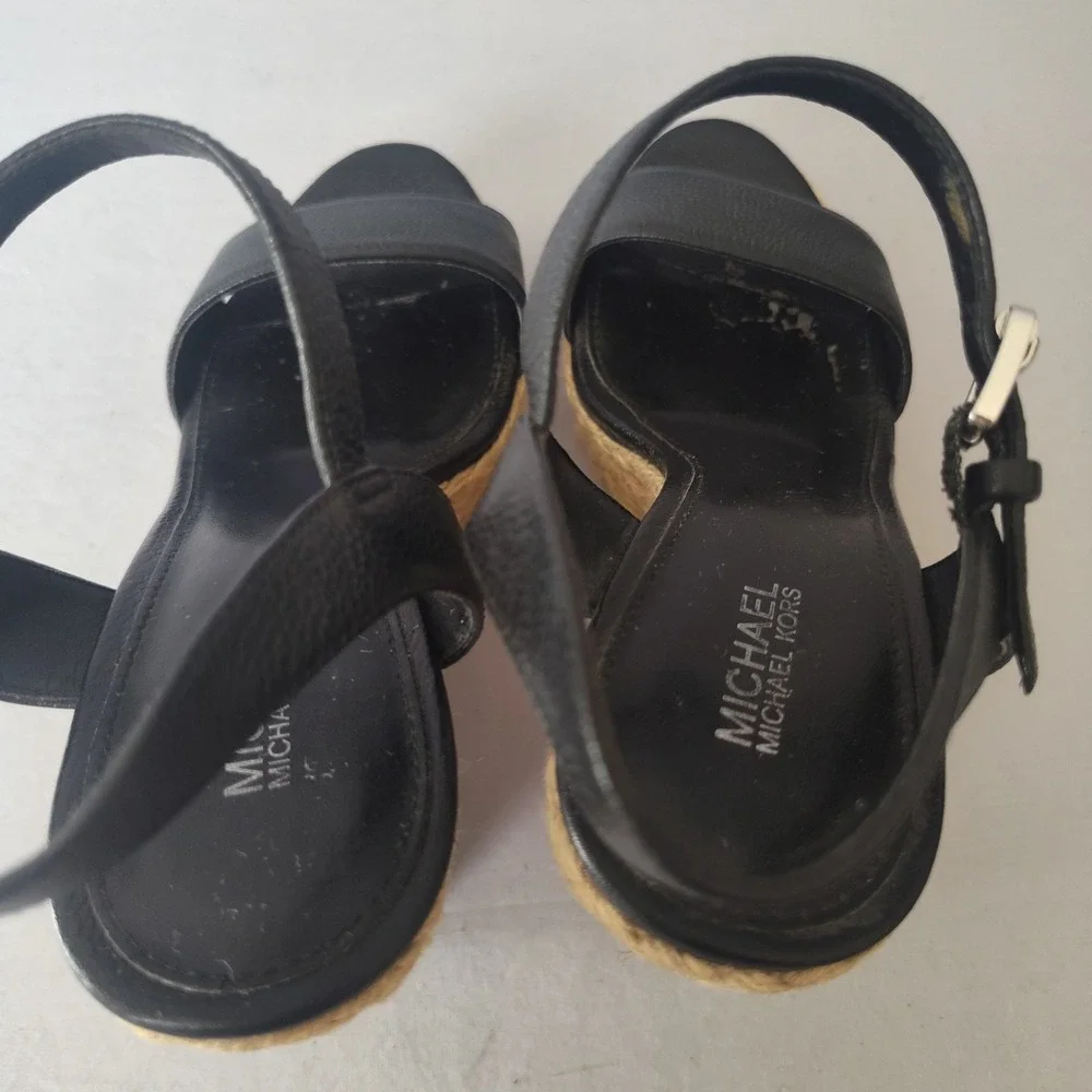 Michael Kors Black Leather Espadrille Wedge Sandals Platform Ankle‎ Strap 7M